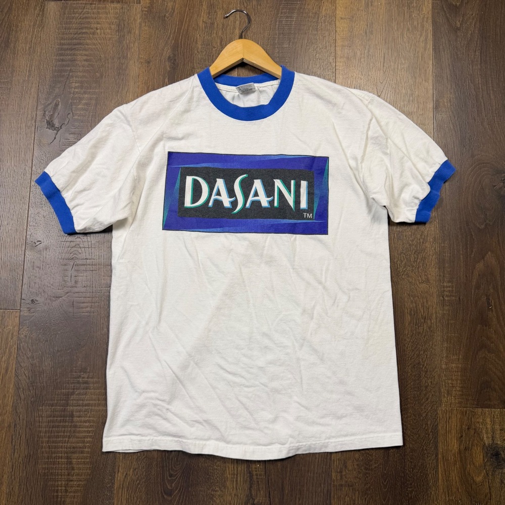 Vintage Dasani Water Promo Ringer T-Shirt Mens L White Blue Anvil 90s Y2K